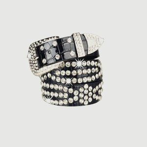 Black Vegan Crocodile Embossed Rhinestone Decor Belt